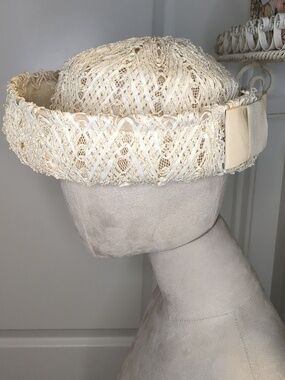 Vintage 50s Clover Lane Ivory Straw Sailor Hat Grosgrain Bow Kentucky Derby SZ S